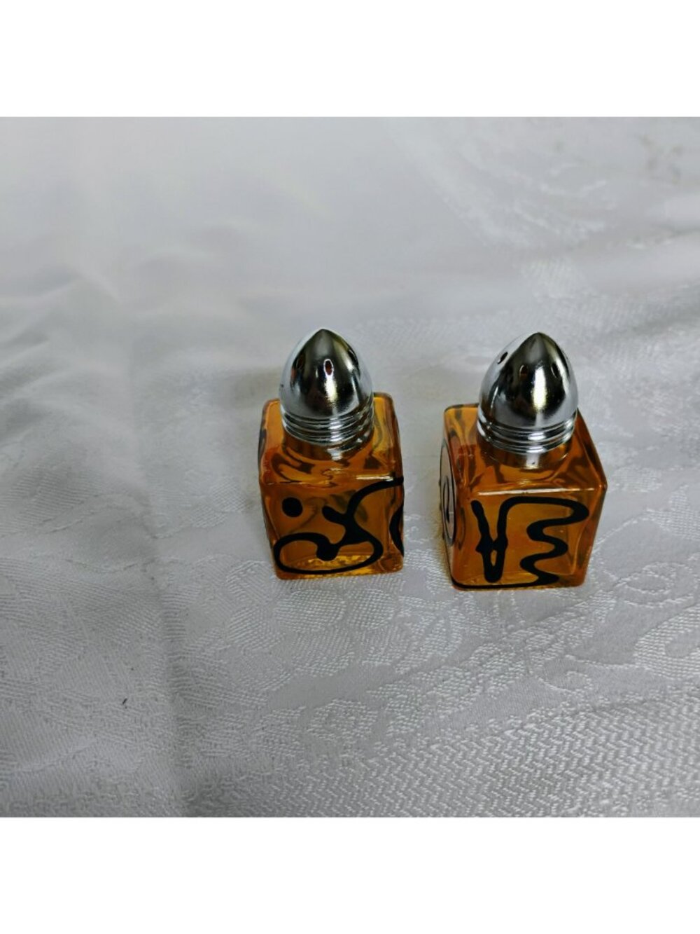 Vintage Topaz Glass Salt Pepper Shakers With Black Swirl Design & Silver Lids - Picture 8 of 8
